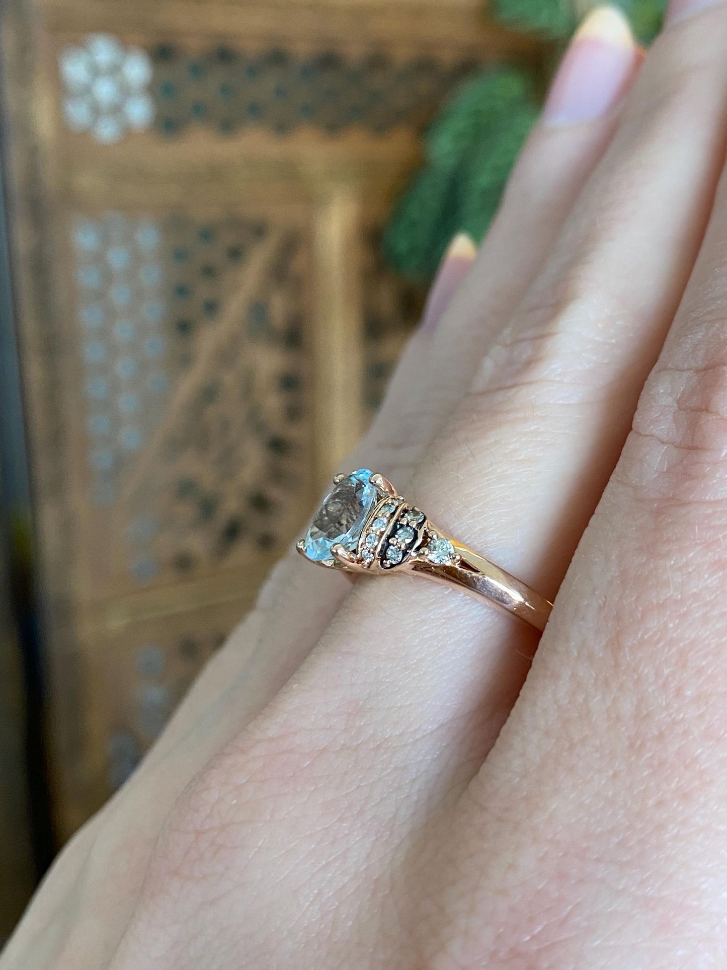Vintage Solid 14k Rose Gold Diamond Aquamarine Ring - Size 7.5