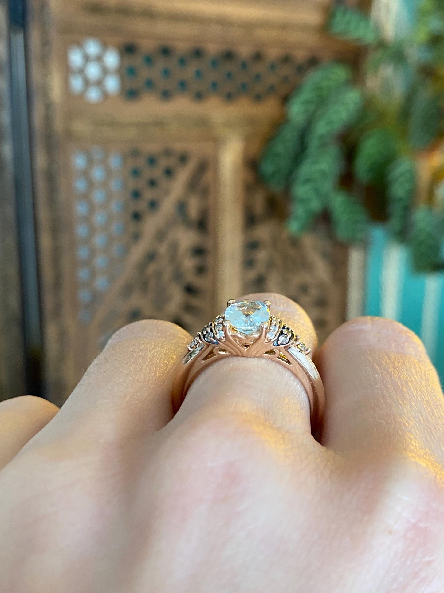 Vintage Solid 14k Rose Gold Diamond Aquamarine Ring - Size 7.5