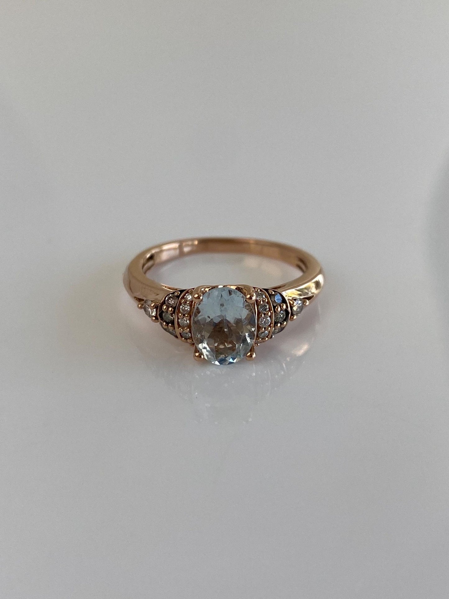 Vintage Solid 14k Rose Gold Diamond Aquamarine Ring - Size 7.5