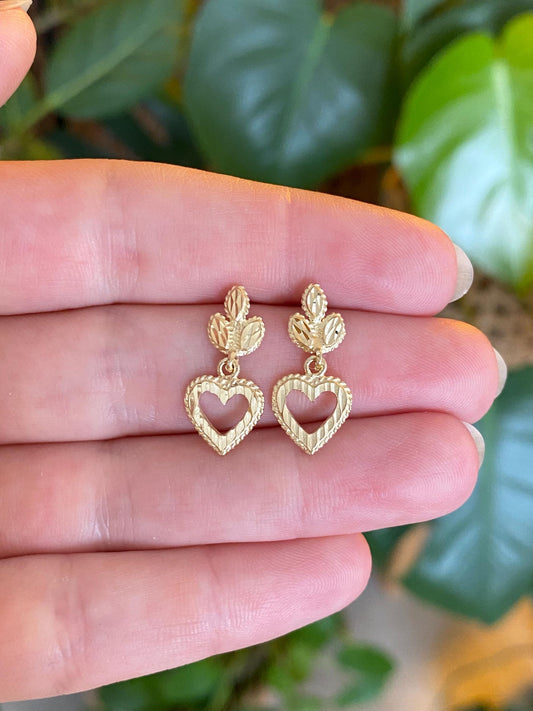 Vintage Solid 14k Yellow Gold Diamond Cut Heart Leaves Dangle Stud Earrings