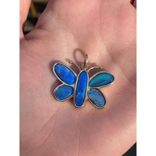 Vintage Solid 14k Yellow Gold Opal Doublet Butterfly Charm