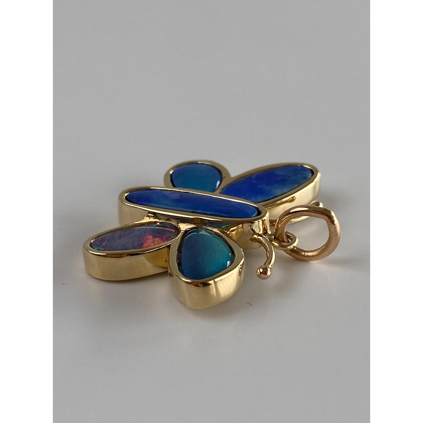 Vintage Solid 14k Yellow Gold Opal Doublet Butterfly Charm