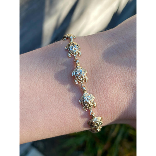 Vintage Solid 14k Yellow Gold Diamond Cut Sea Turtle Bracelet - 7.25 inches
