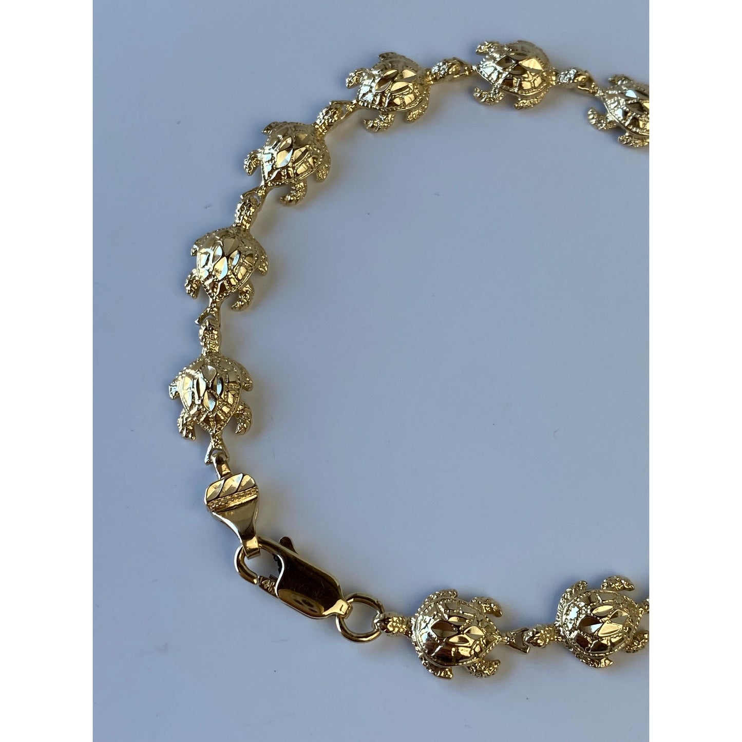 Vintage Solid 14k Yellow Gold Diamond Cut Sea Turtle Bracelet - 7.25 inches