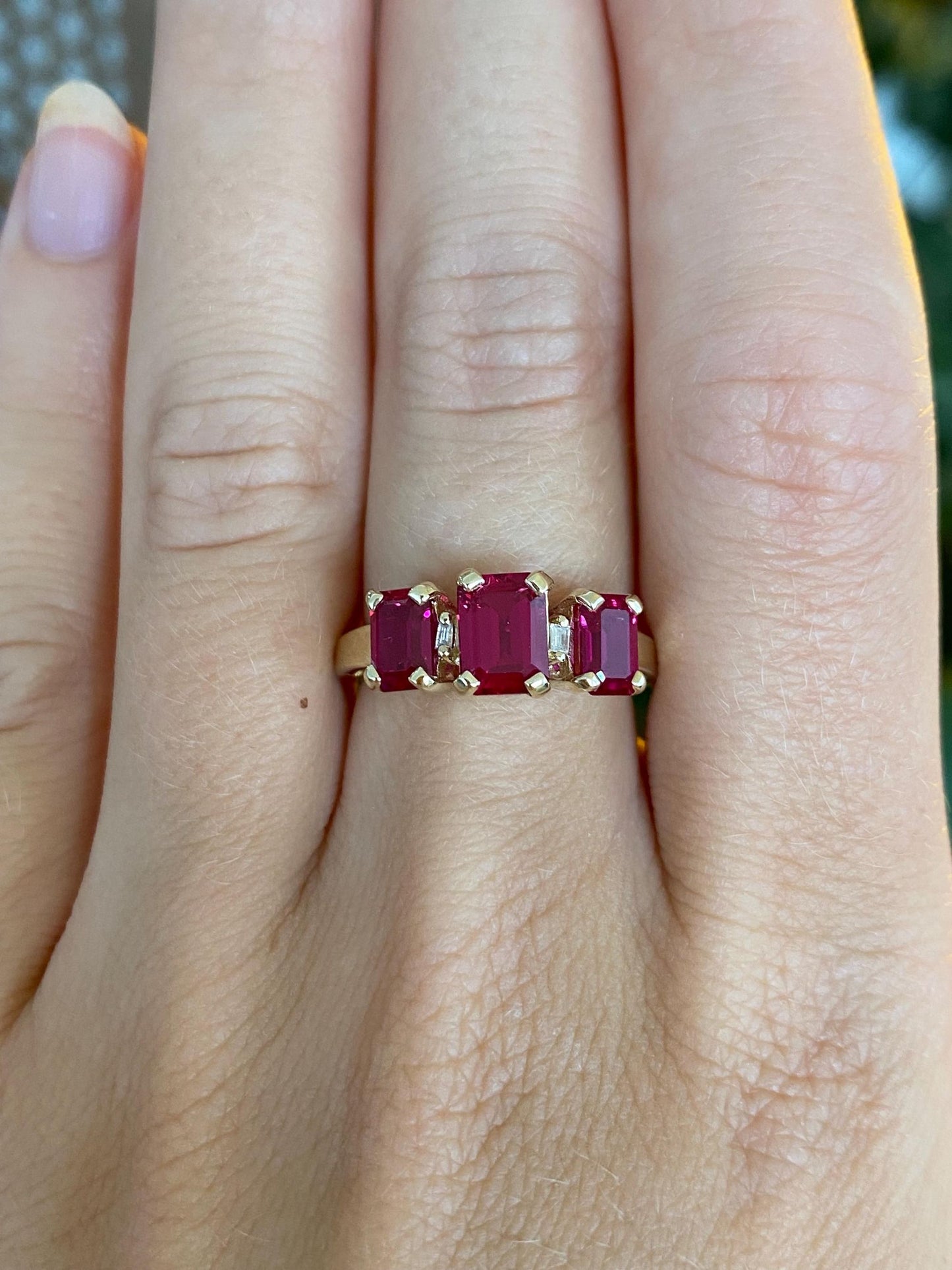 Vintage Solid 10k Yellow Gold Diamond Pink Sapphire Row Ring - Size 6.75