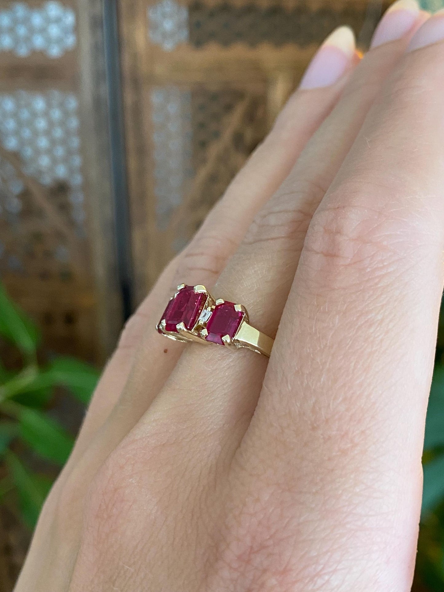 Vintage Solid 10k Yellow Gold Diamond Pink Sapphire Row Ring - Size 6.75