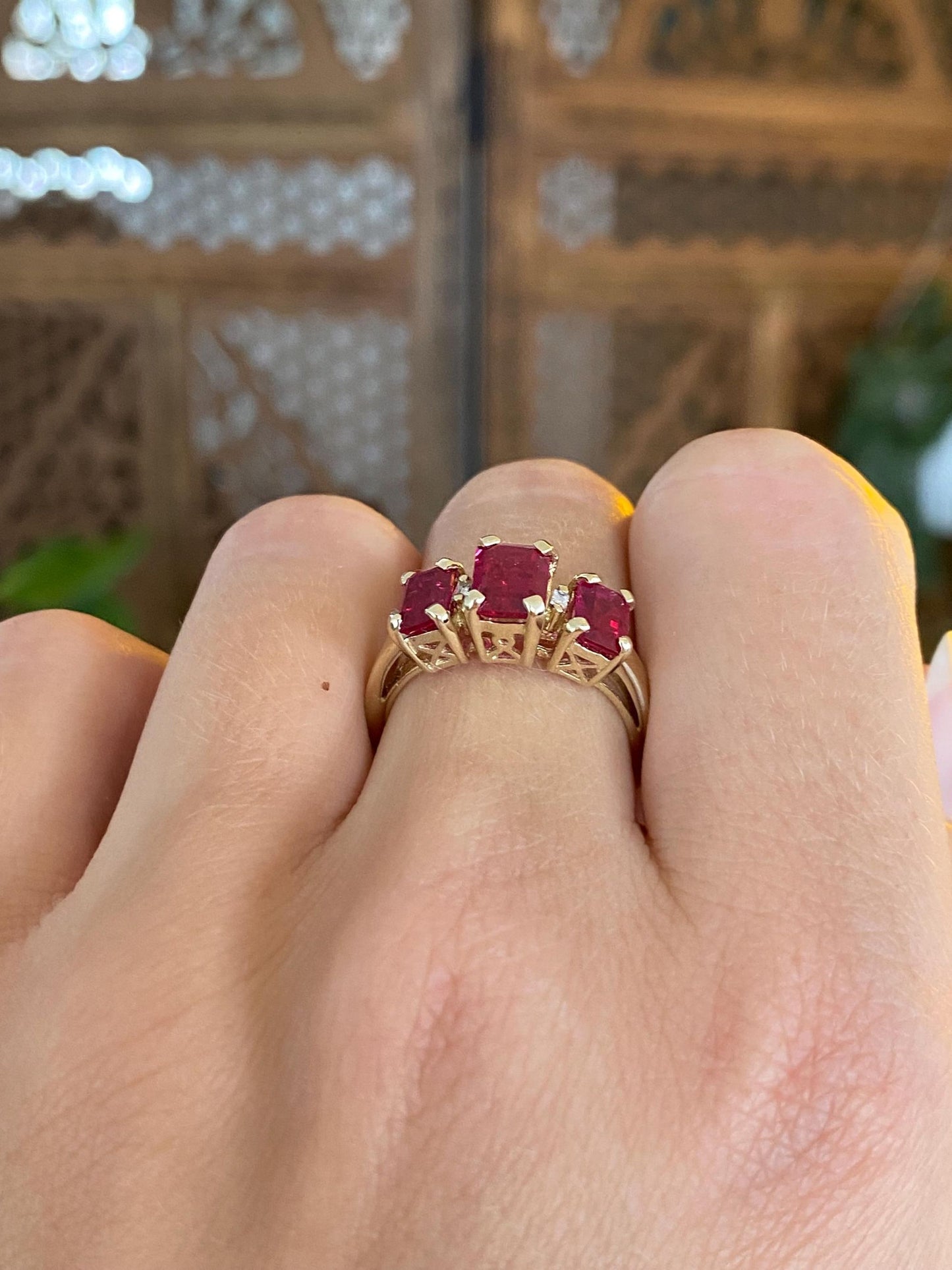 Vintage Solid 10k Yellow Gold Diamond Pink Sapphire Row Ring - Size 6.75
