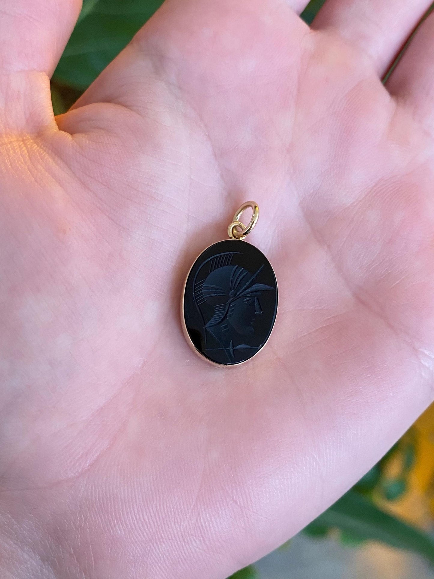 Vintage Solid 12k Yellow Gold Carved Black Onyx Roman Warrior Charm