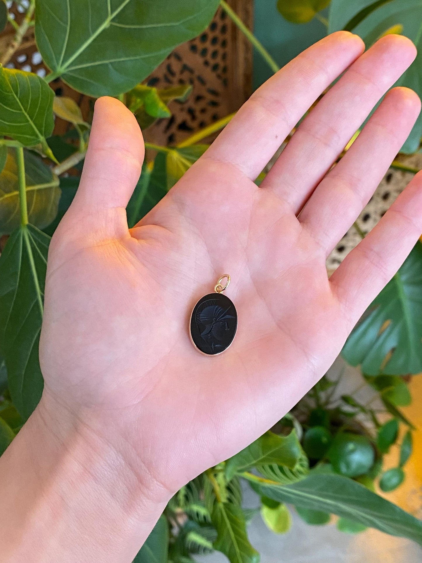 Vintage Solid 12k Yellow Gold Carved Black Onyx Roman Warrior Charm
