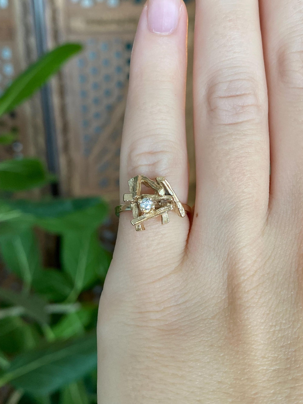 Vintage Solid 14k Yellow Gold Diamond Abstract Ring - Size 4.25