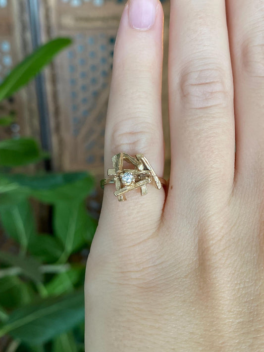 Vintage Solid 14k Yellow Gold Diamond Abstract Ring - Size 4.25
