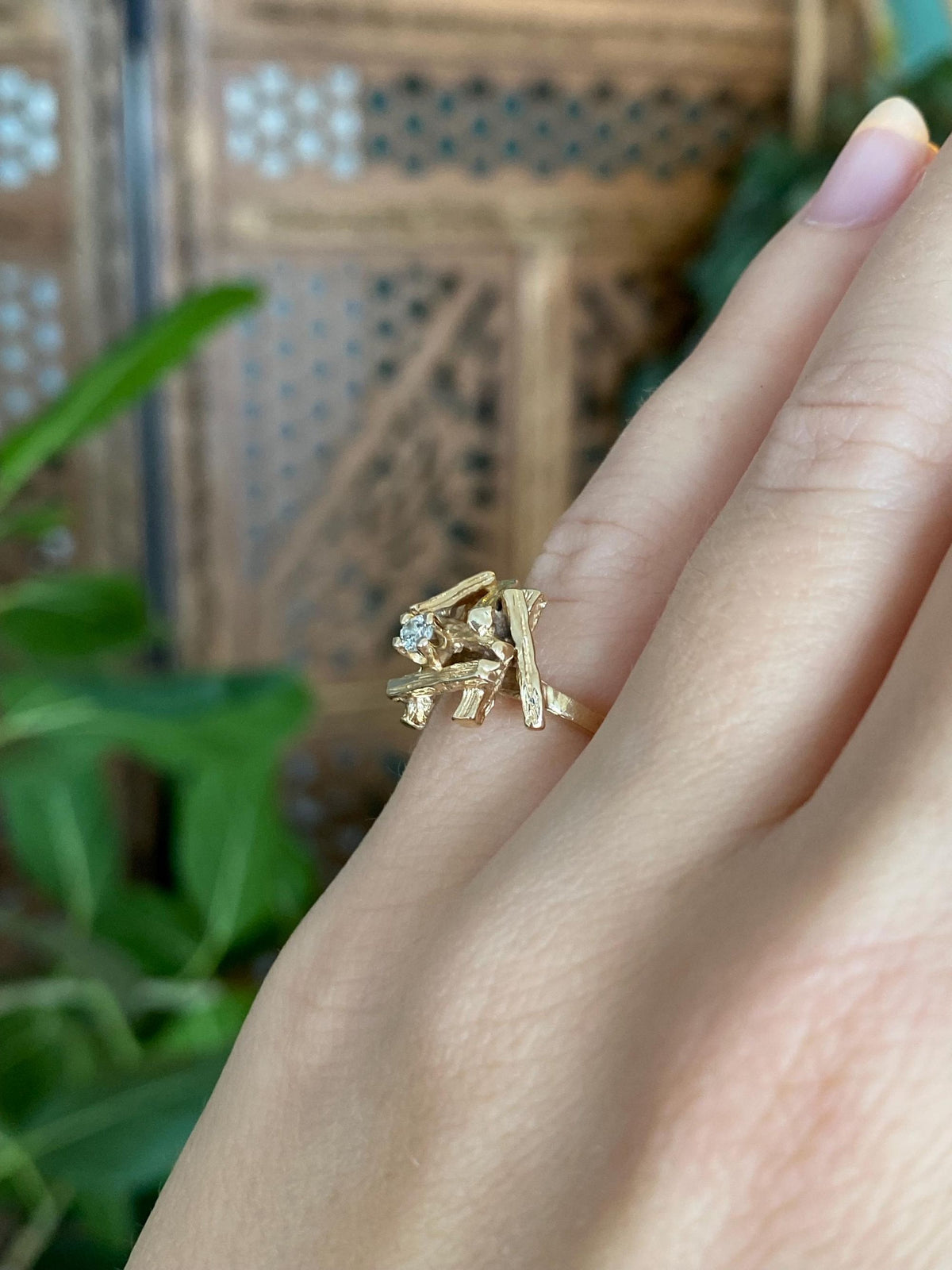 Vintage Solid 14k Yellow Gold Diamond Abstract Ring - Size 4.25
