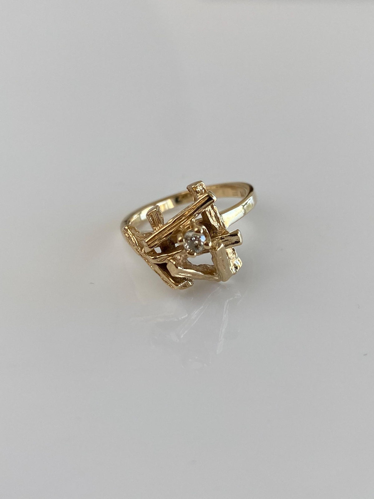 Vintage Solid 14k Yellow Gold Diamond Abstract Ring - Size 4.25
