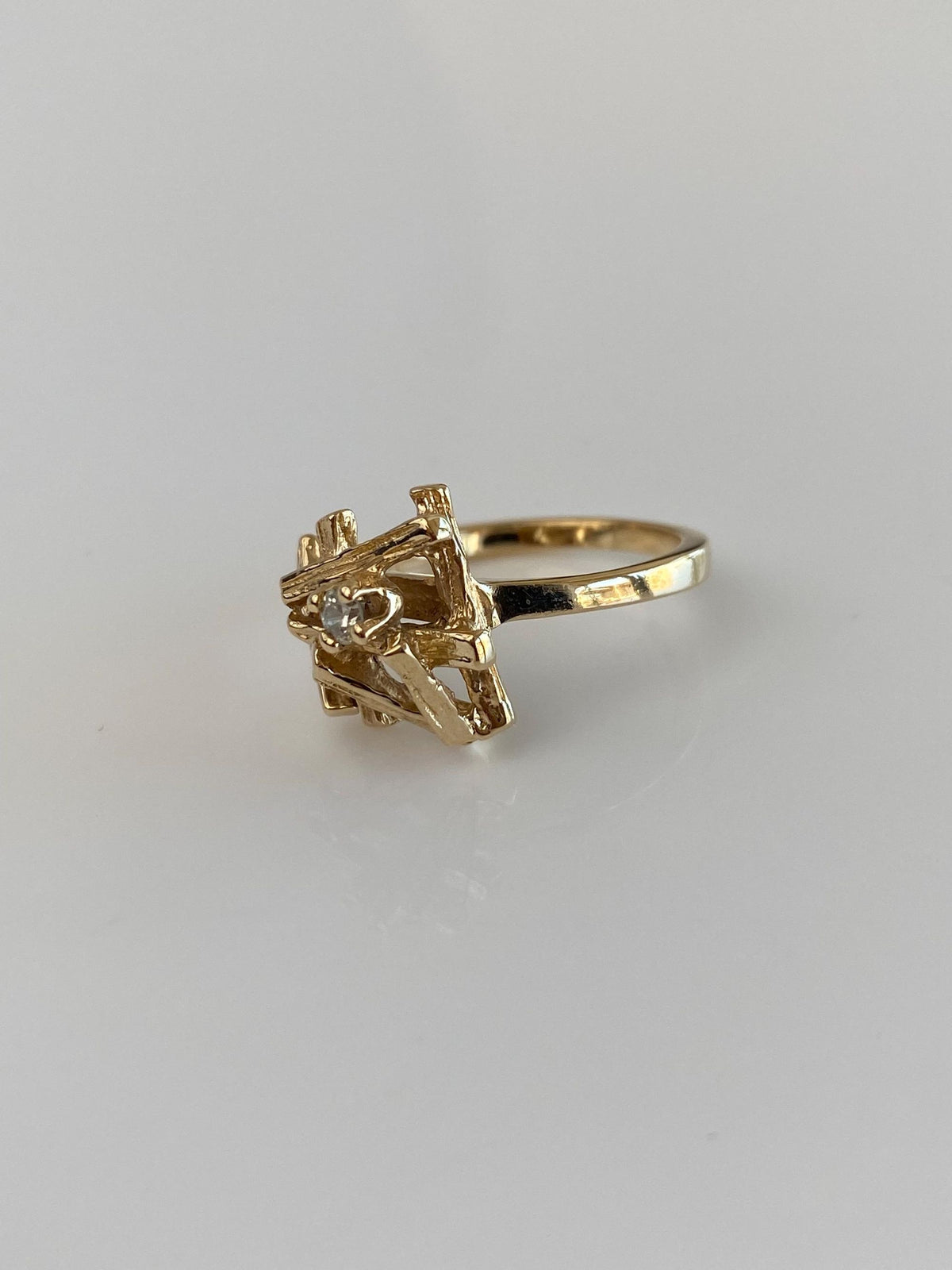 Vintage Solid 14k Yellow Gold Diamond Abstract Ring - Size 4.25