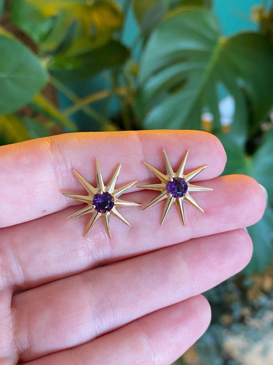Vintage Solid 14k Yellow Gold Amethyst Starburst Stud Earrings