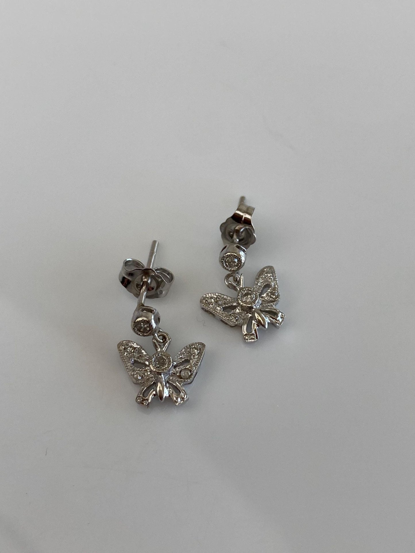 Vintage Solid 14k White Gold Diamond Butterfly Dangle Stud Earrings