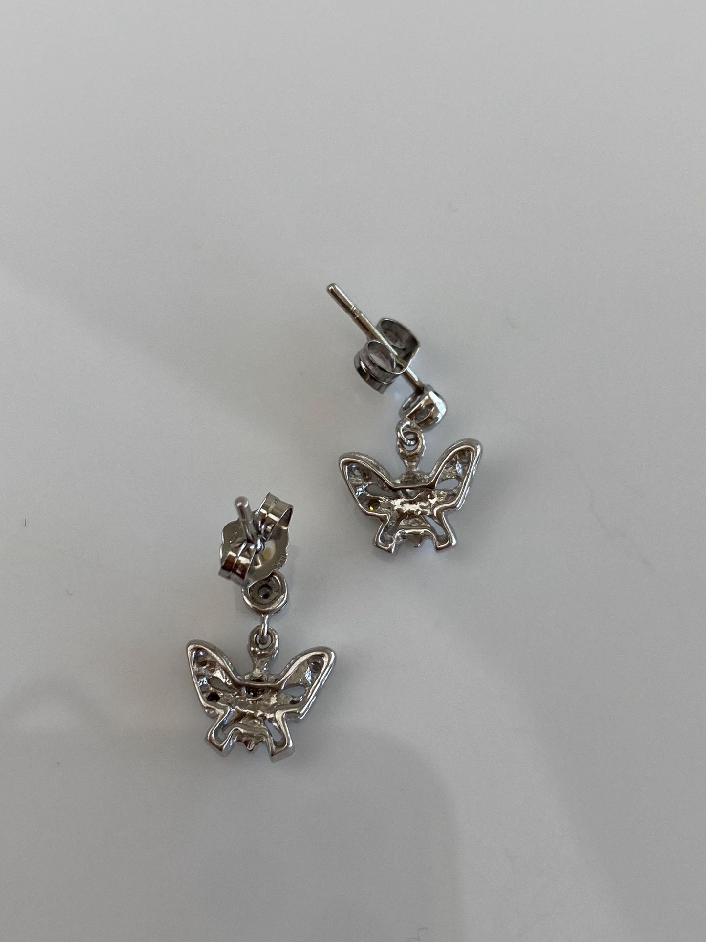 Vintage Solid 14k White Gold Diamond Butterfly Dangle Stud Earrings