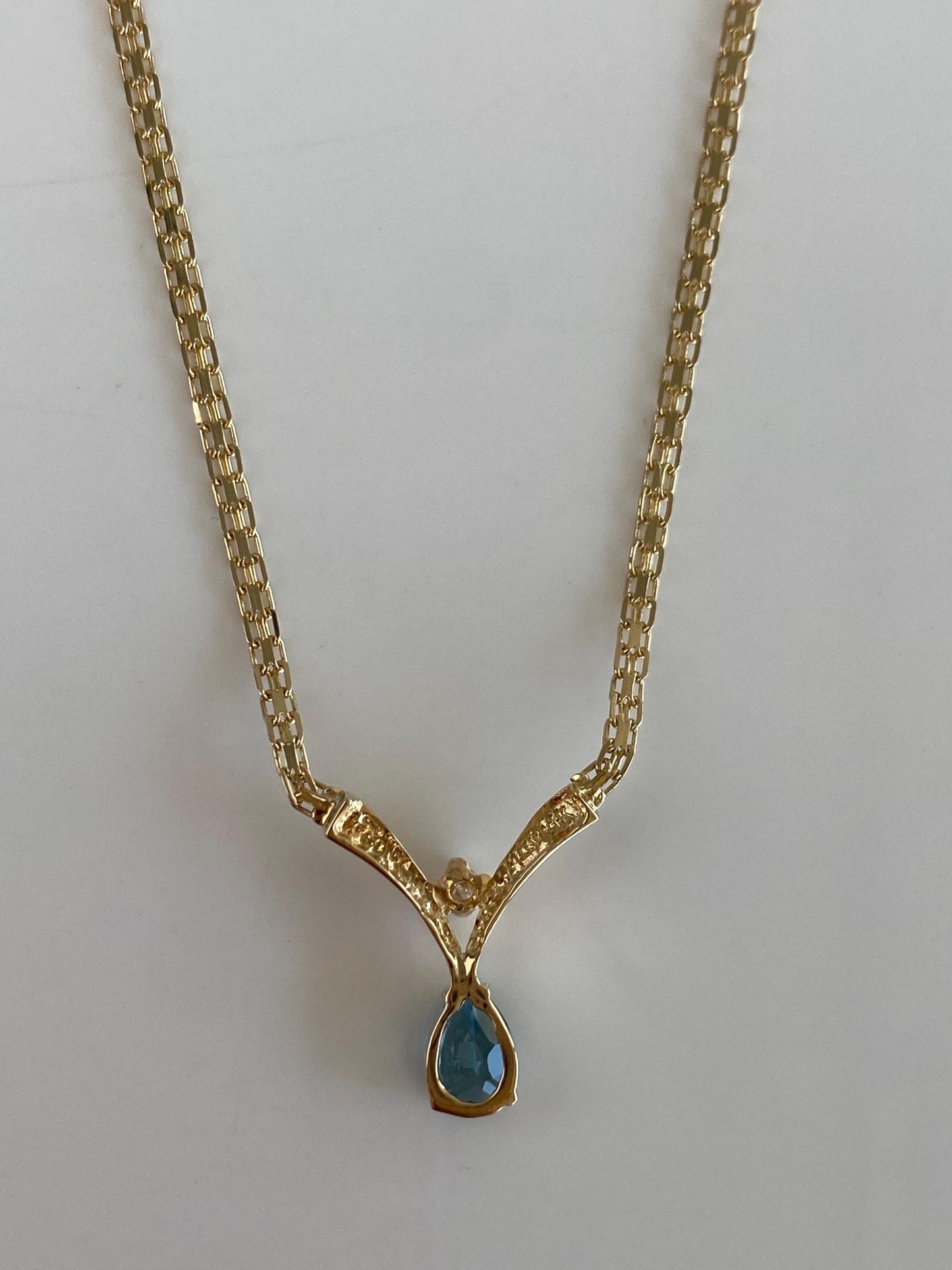 Vintage Solid 14k Yellow Gold Diamond Topaz Bismark Chain Necklace - 16 inches