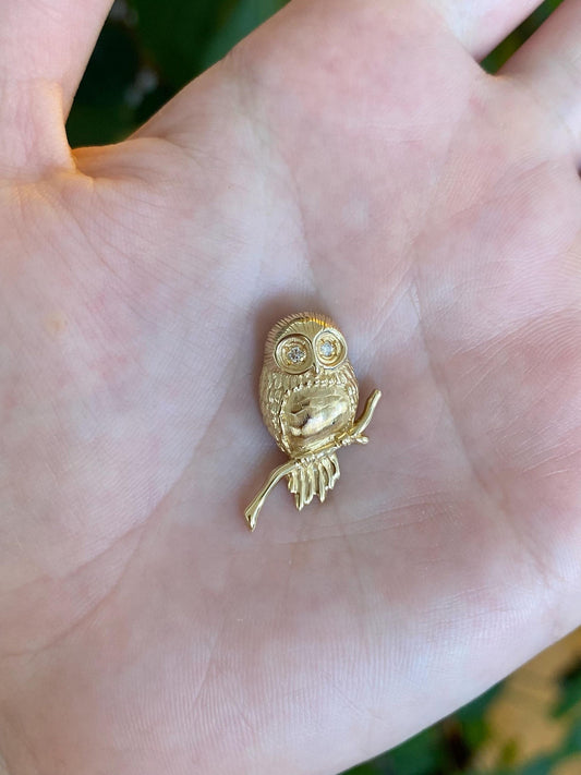 Vintage Solid 14k Yellow Gold Diamond Eyes Owl Charm