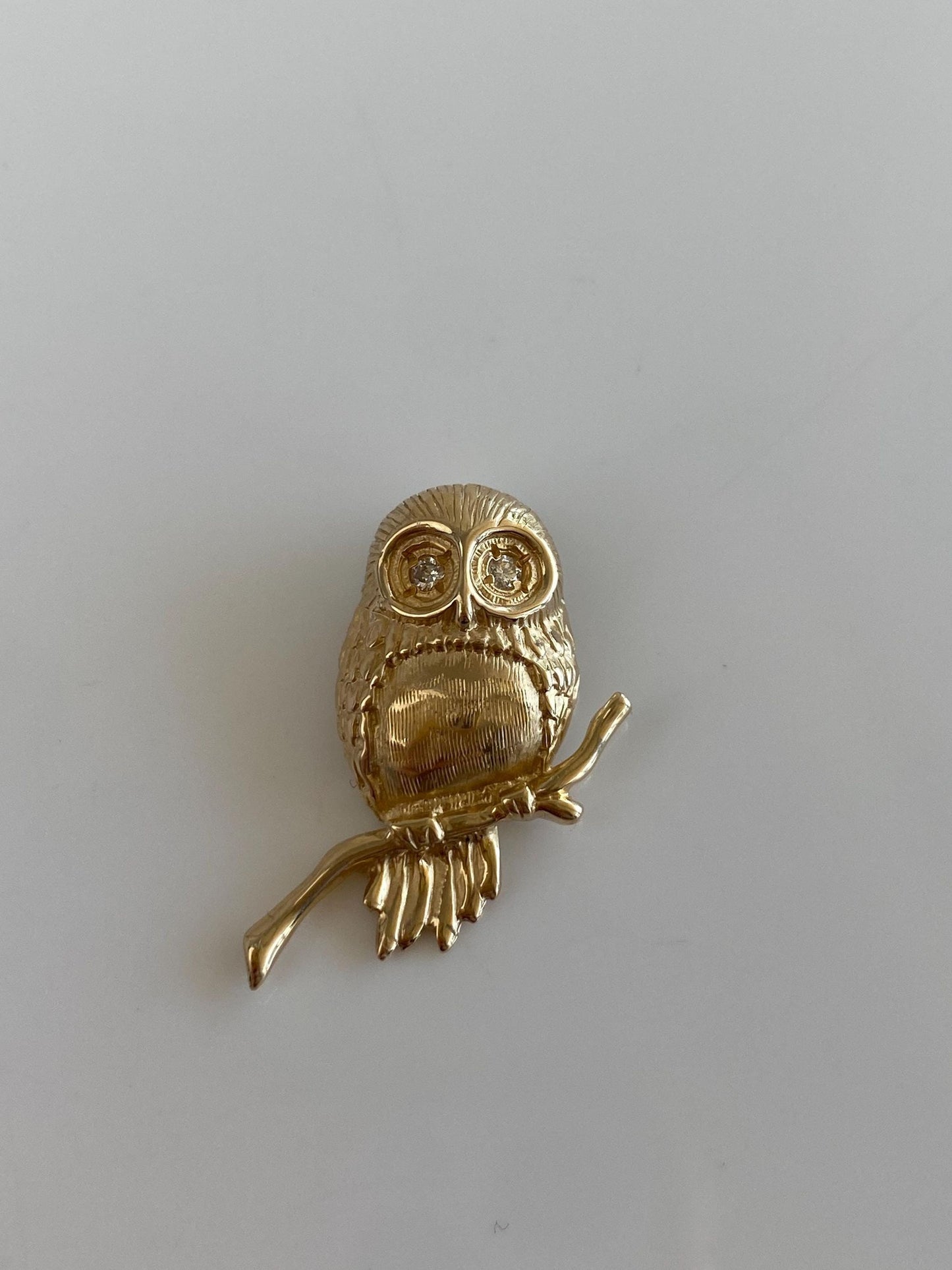 Vintage Solid 14k Yellow Gold Diamond Eyes Owl Charm