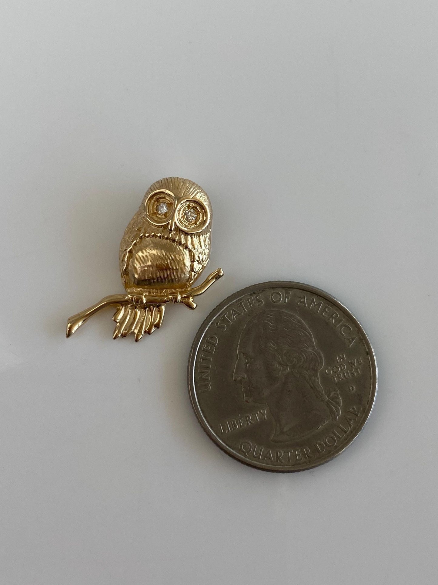 Vintage Solid 14k Yellow Gold Diamond Eyes Owl Charm