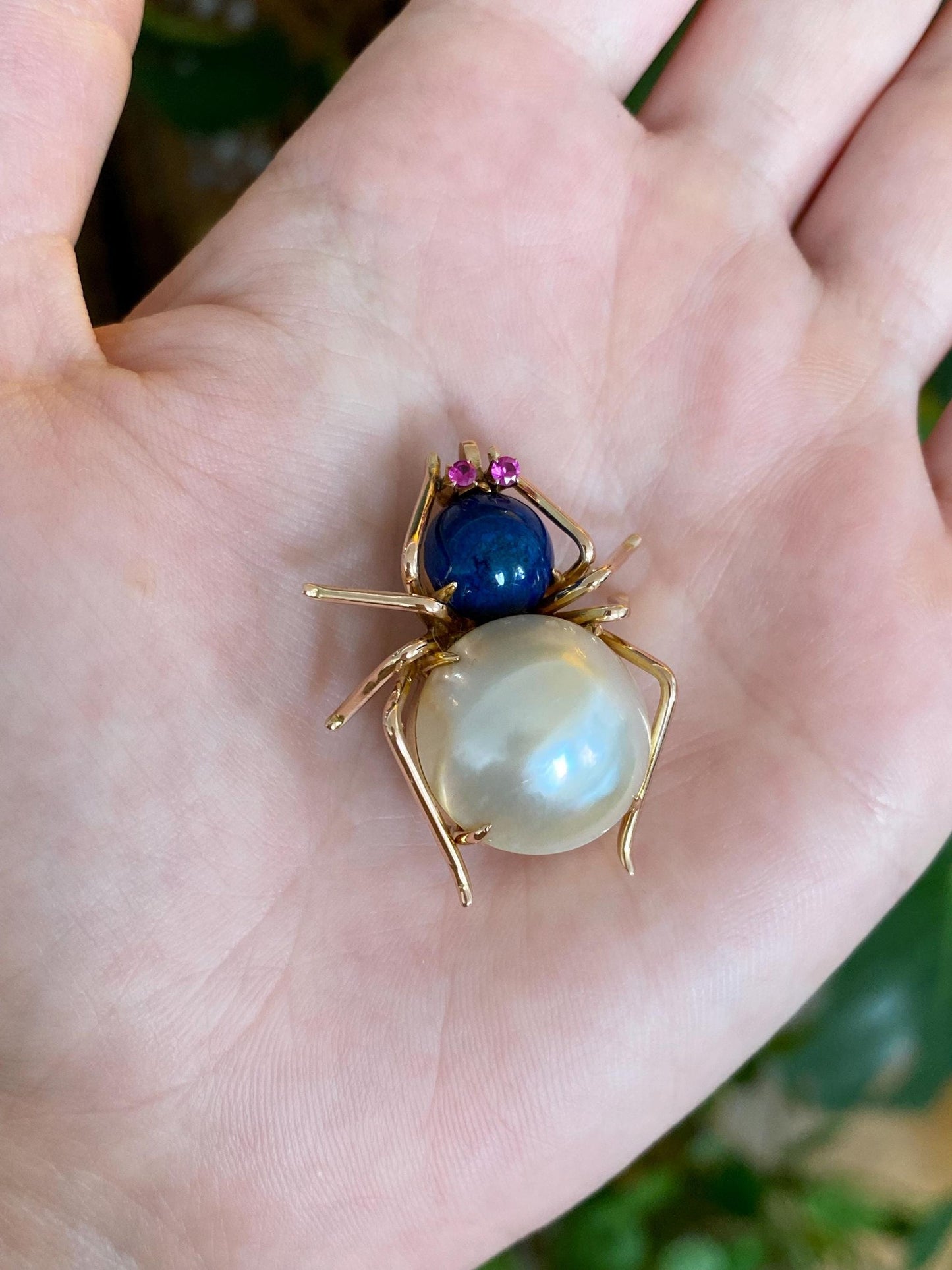 Vintage Solid 10k Rose Gold Mabe Pearl Blue Lapis Cabochon Pink Sapphire Spider Pin