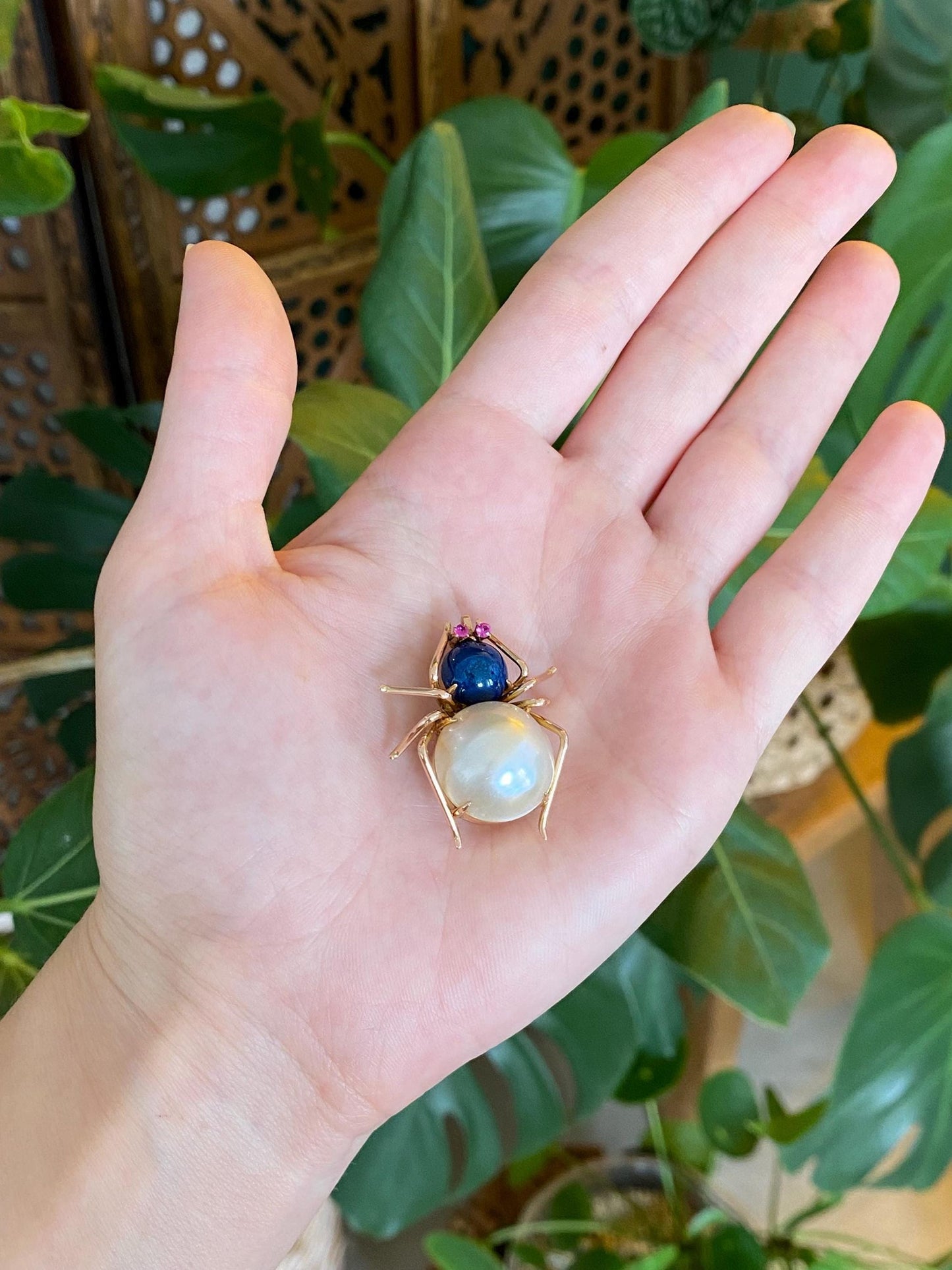 Vintage Solid 10k Rose Gold Mabe Pearl Blue Lapis Cabochon Pink Sapphire Spider Pin