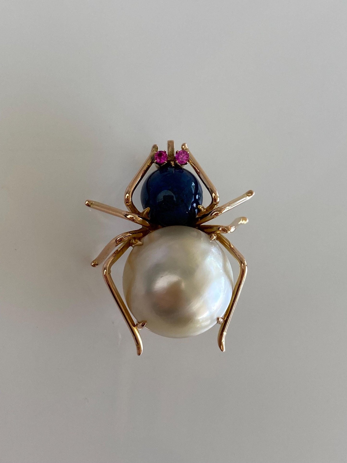 Vintage Solid 10k Rose Gold Mabe Pearl Blue Lapis Cabochon Pink Sapphire Spider Pin