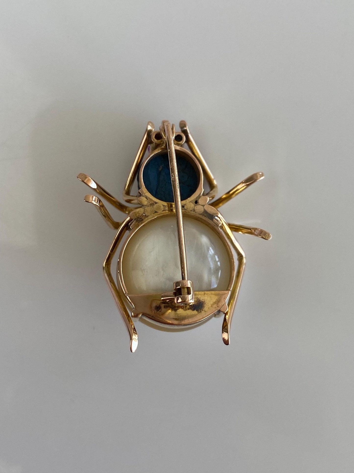 Vintage Solid 10k Rose Gold Mabe Pearl Blue Lapis Cabochon Pink Sapphire Spider Pin