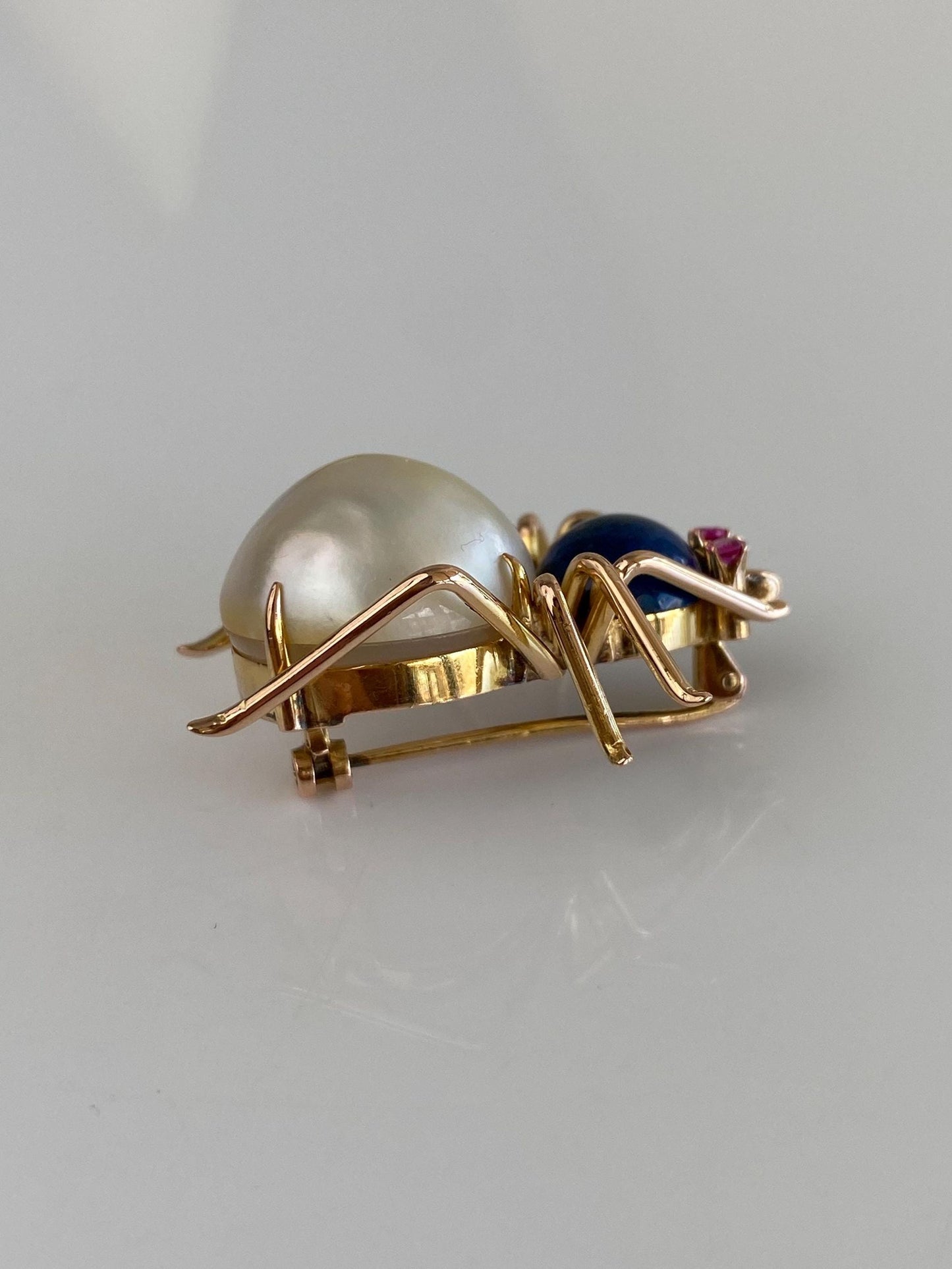 Vintage Solid 10k Rose Gold Mabe Pearl Blue Lapis Cabochon Pink Sapphire Spider Pin