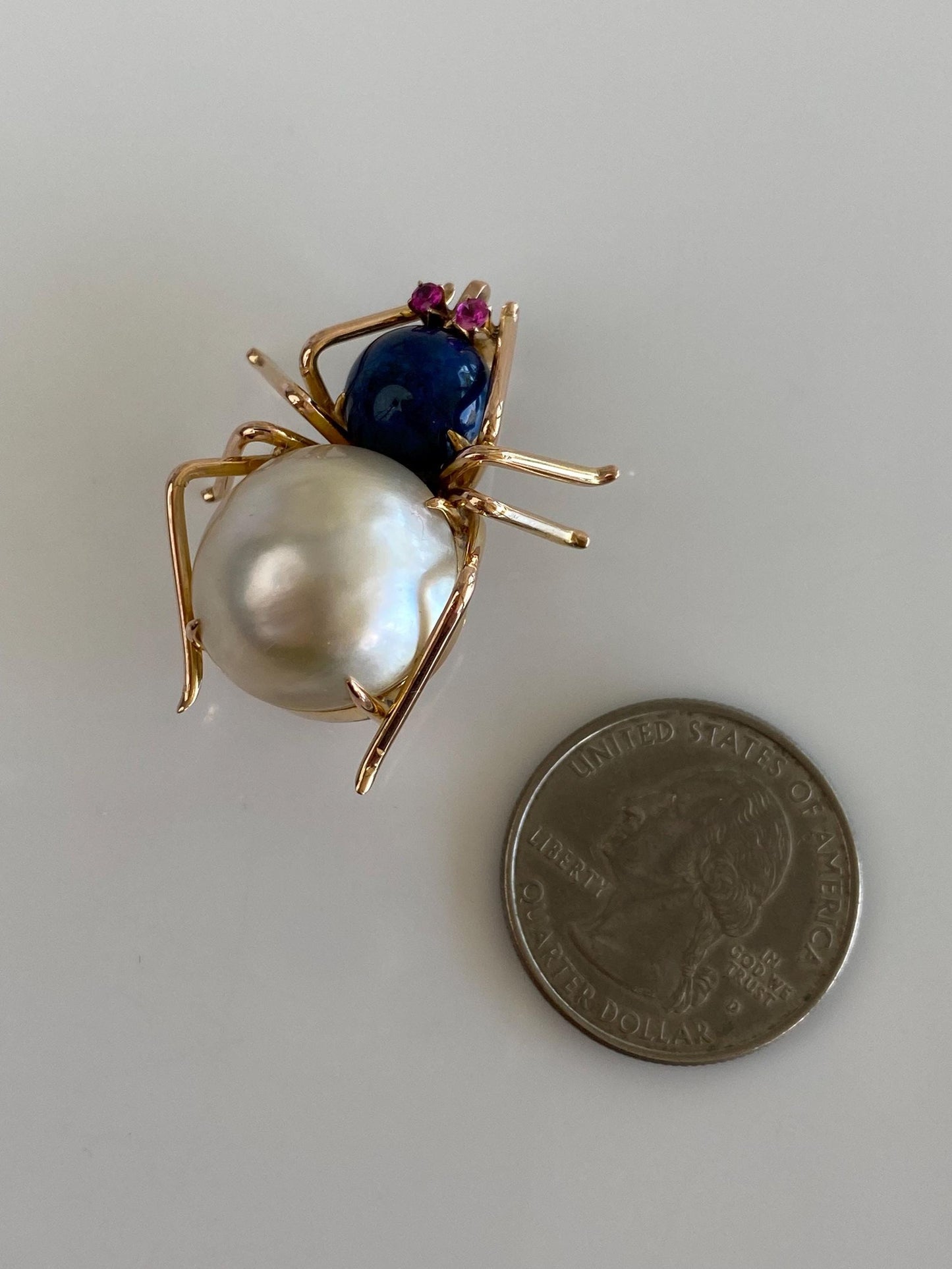 Vintage Solid 10k Rose Gold Mabe Pearl Blue Lapis Cabochon Pink Sapphire Spider Pin