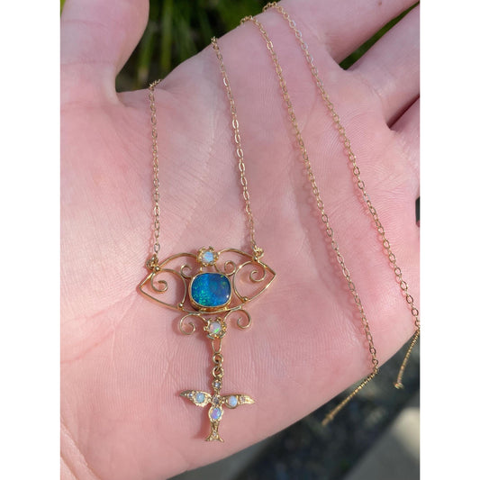 Vintage Solid 14k Yellow Gold Diamond Opal Cable Chain Necklace - 18.75 inches