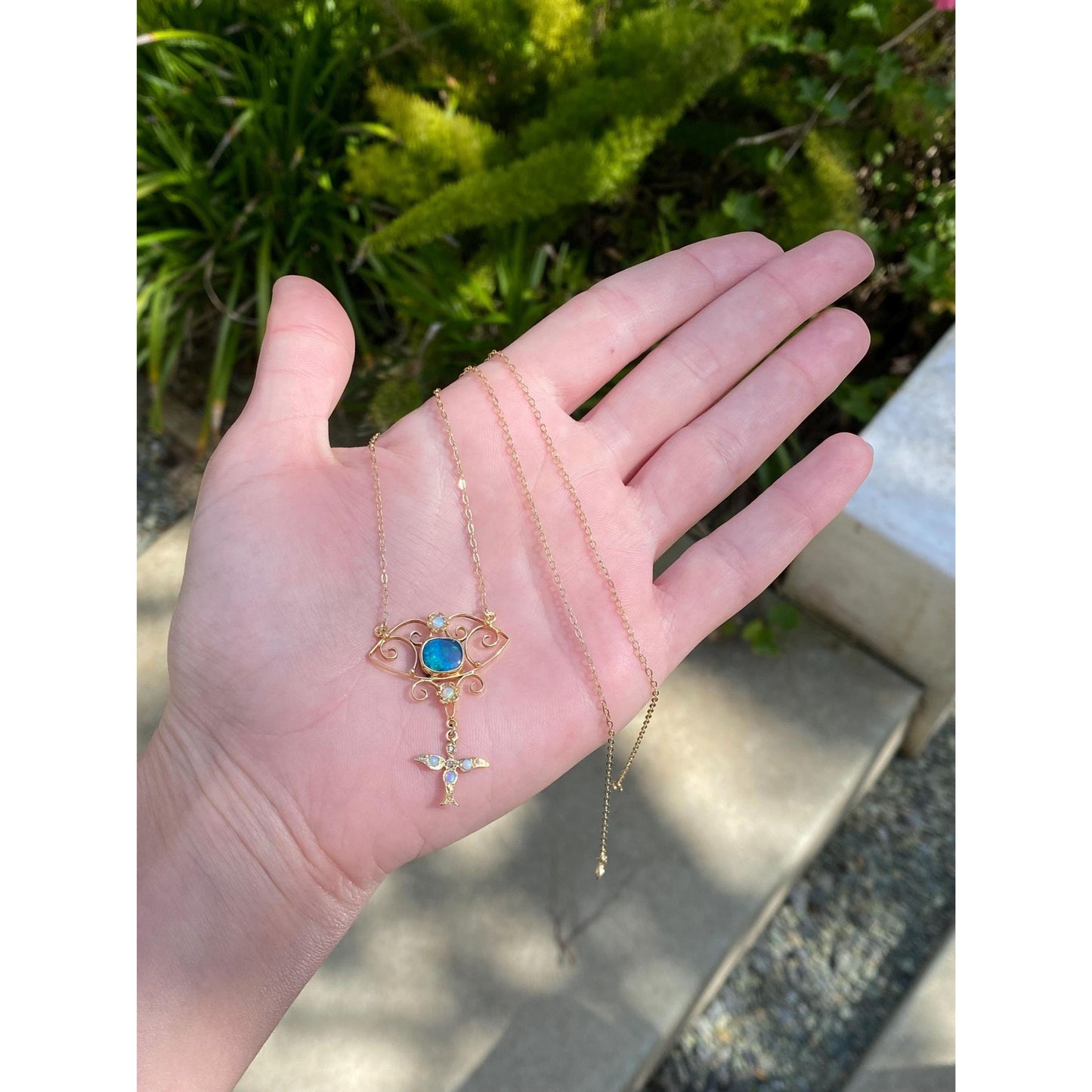 Vintage Solid 14k Yellow Gold Diamond Opal Cable Chain Necklace - 18.75 inches