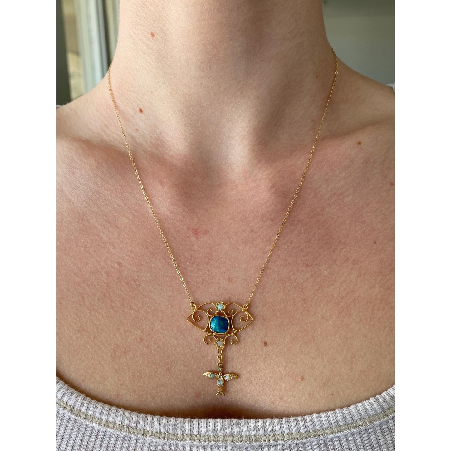 Vintage Solid 14k Yellow Gold Diamond Opal Cable Chain Necklace - 18.75 inches