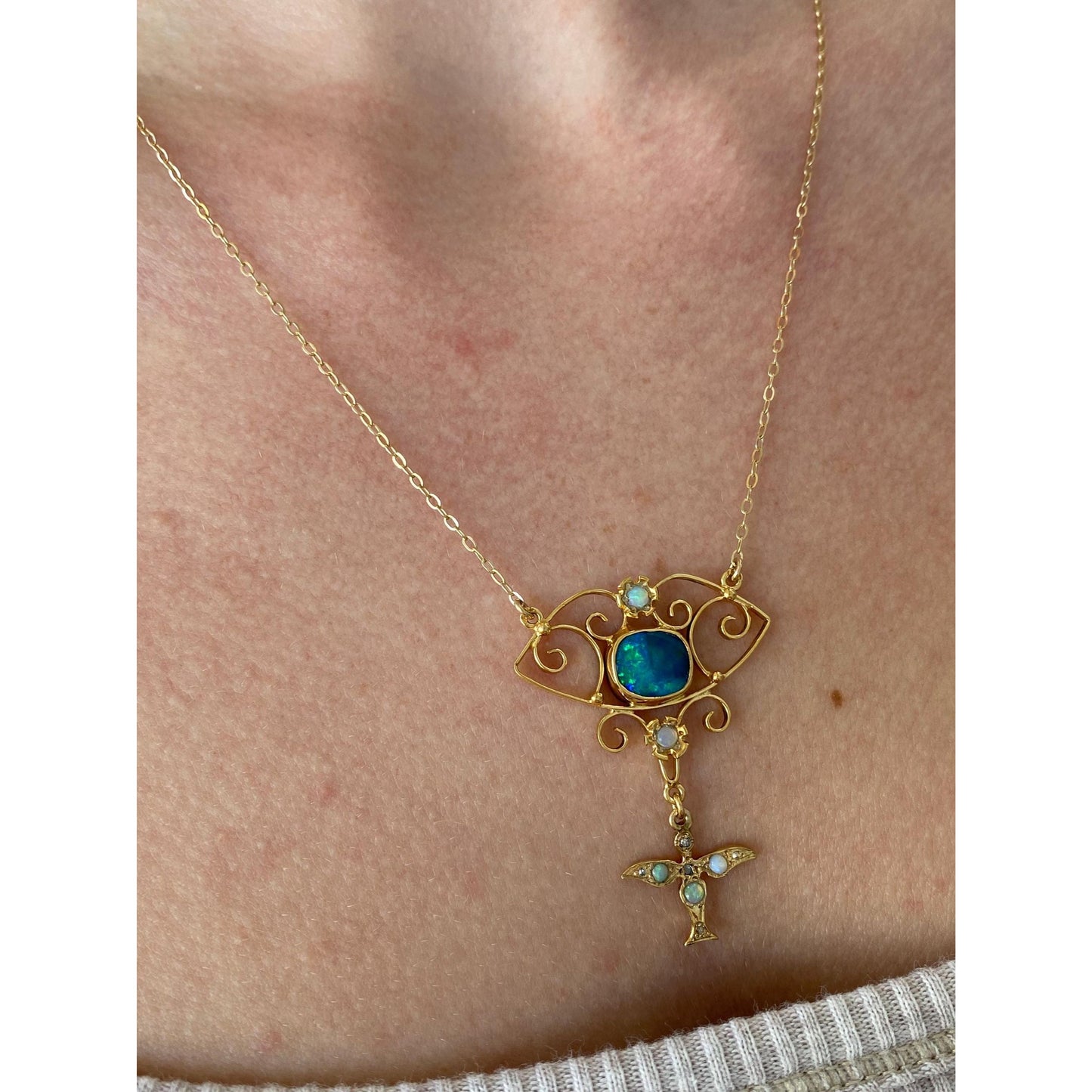 Vintage Solid 14k Yellow Gold Diamond Opal Cable Chain Necklace - 18.75 inches