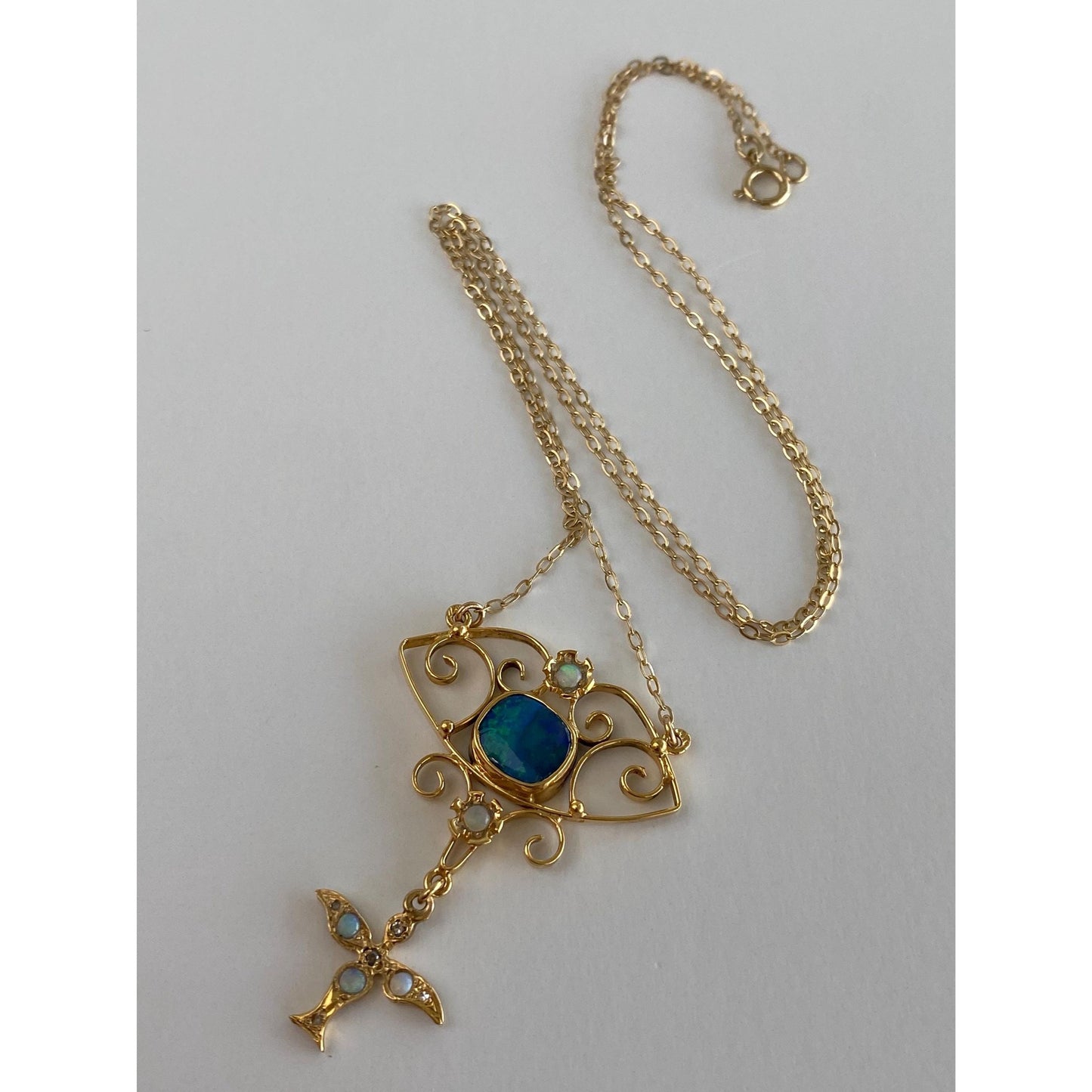 Vintage Solid 14k Yellow Gold Diamond Opal Cable Chain Necklace - 18.75 inches