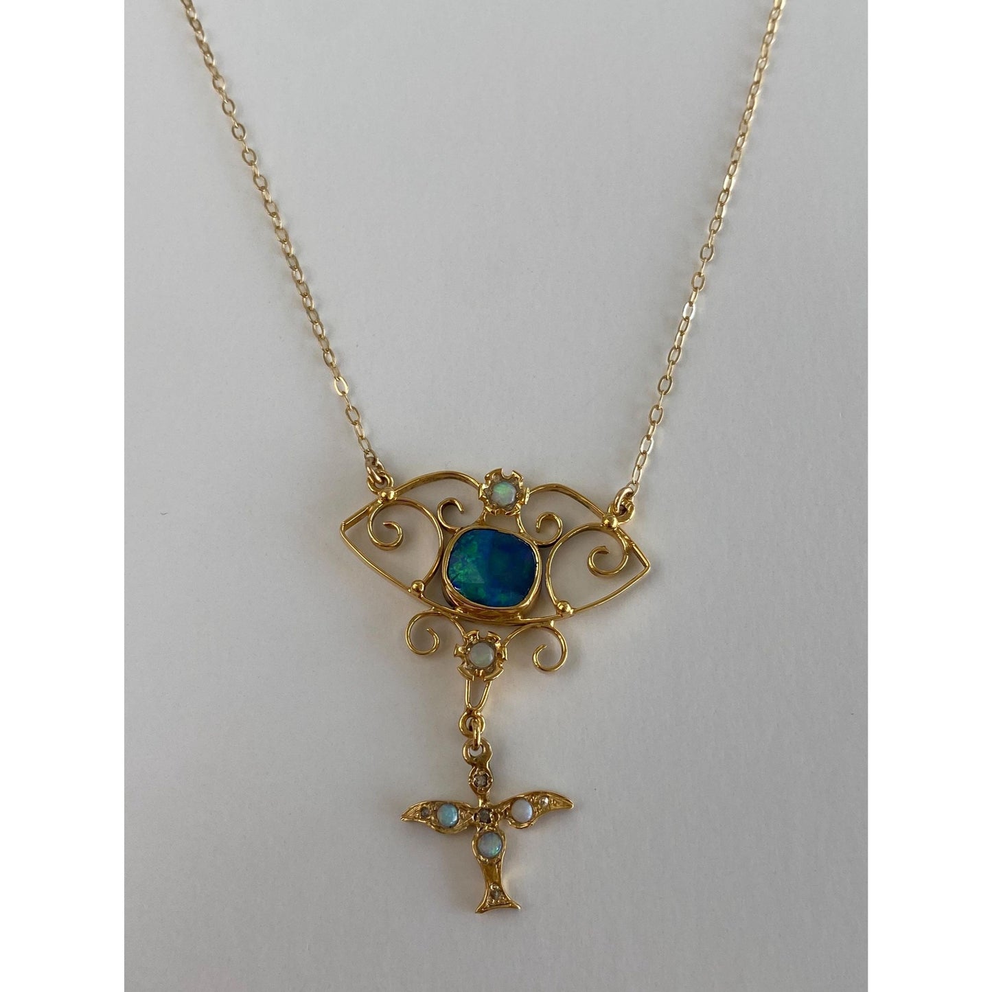 Vintage Solid 14k Yellow Gold Diamond Opal Cable Chain Necklace - 18.75 inches