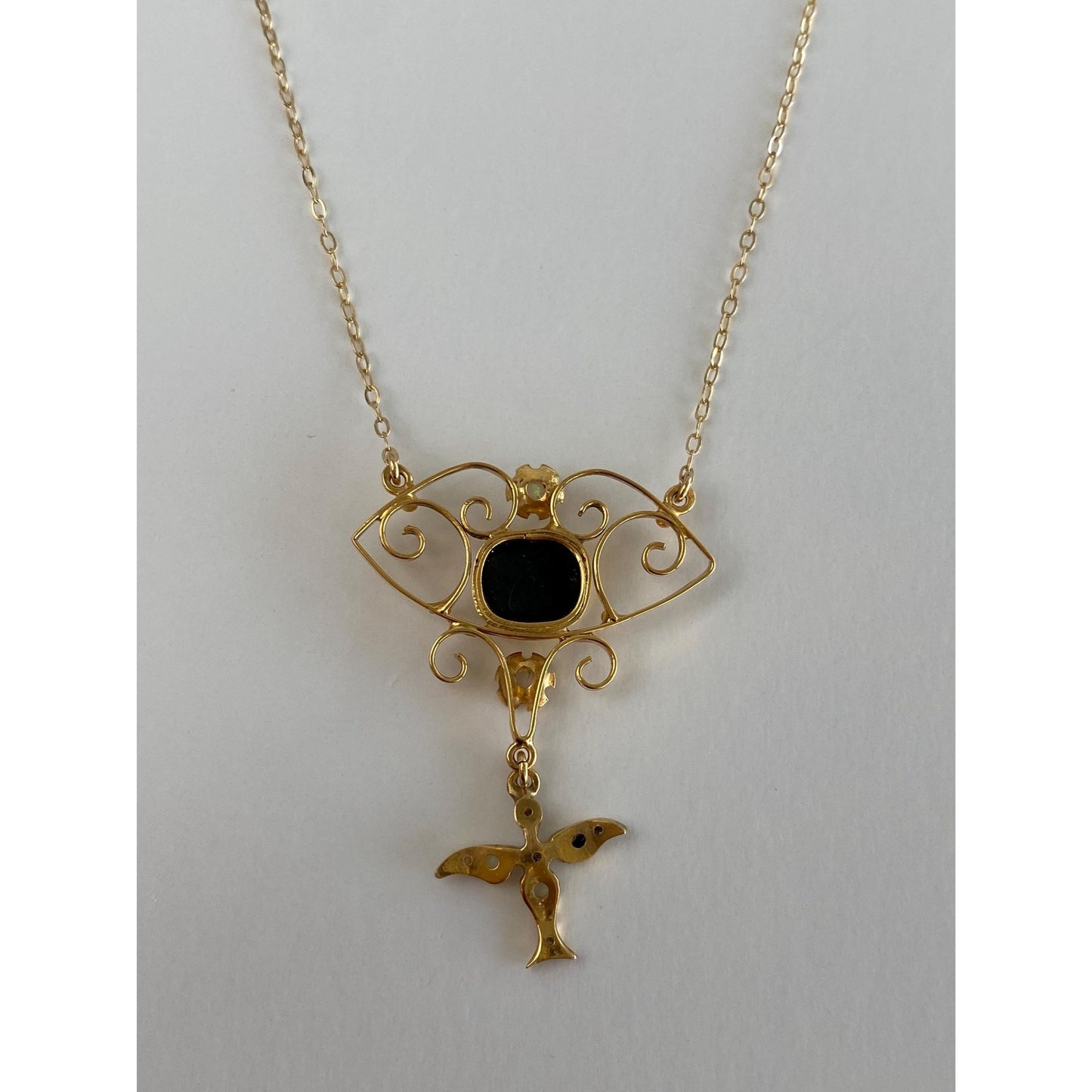 Vintage Solid 14k Yellow Gold Diamond Opal Cable Chain Necklace - 18.75 inches