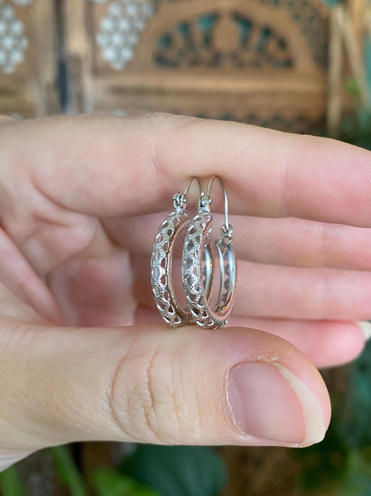 Vintage Solid 14k White Gold Open Work Hoop Earrings