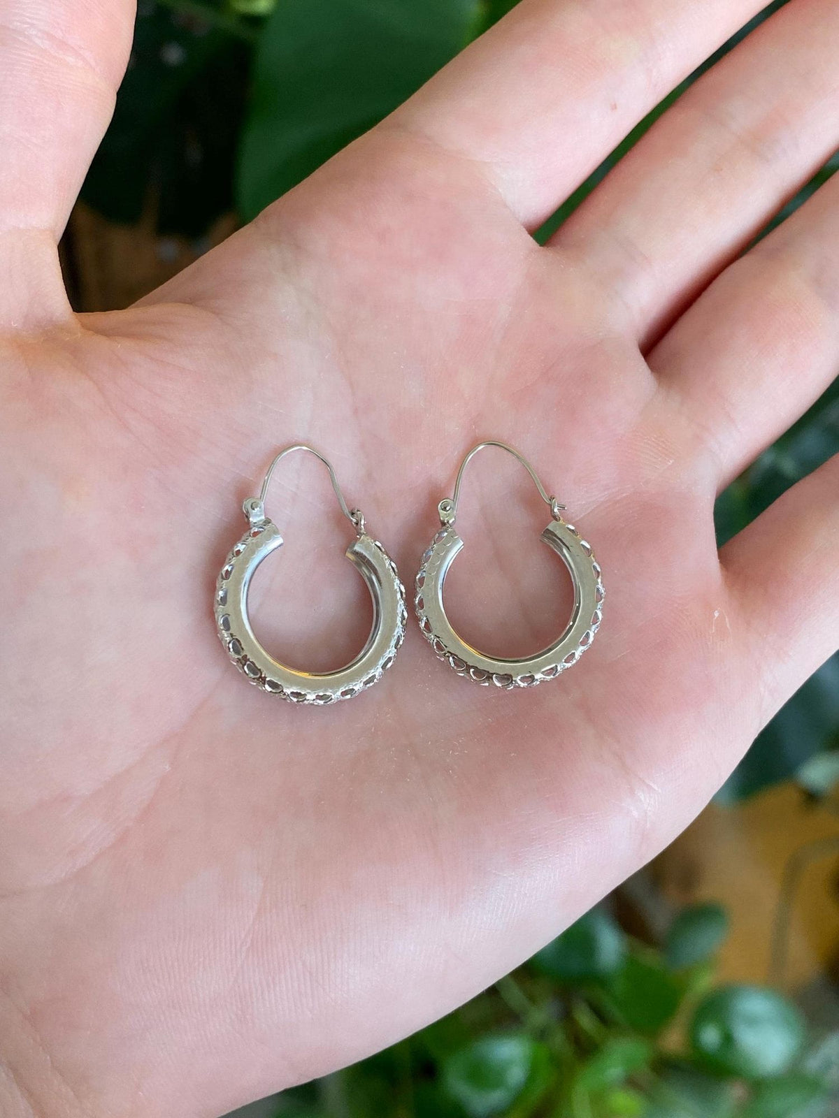 Vintage Solid 14k White Gold Open Work Hoop Earrings