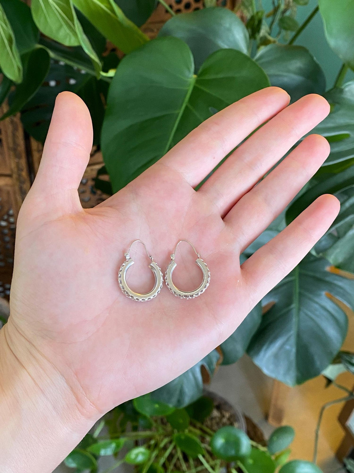 Vintage Solid 14k White Gold Open Work Hoop Earrings
