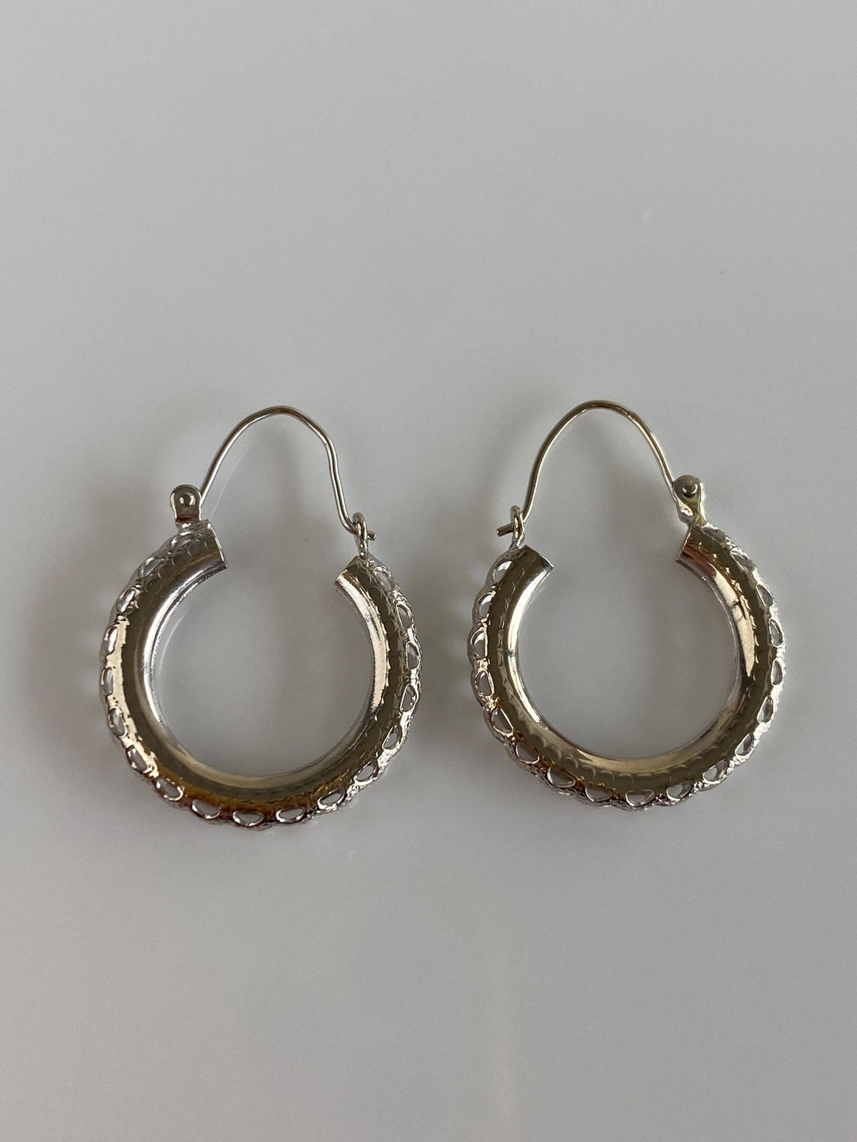 Vintage Solid 14k White Gold Open Work Hoop Earrings