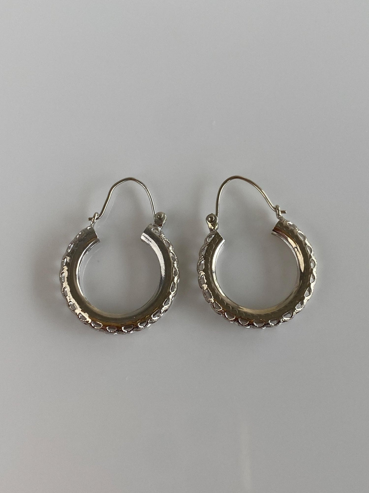 Vintage Solid 14k White Gold Open Work Hoop Earrings