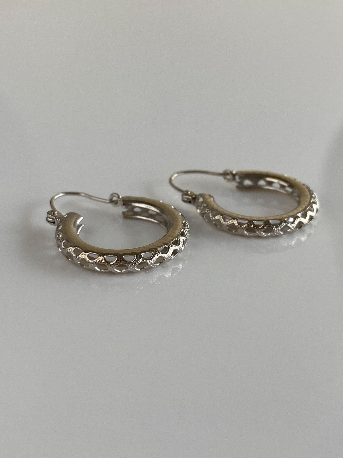 Vintage Solid 14k White Gold Open Work Hoop Earrings
