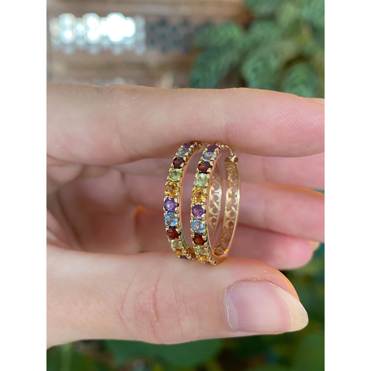 Vintage Solid 14k Yellow Gold Garnet Aquamarine Citrine Peridot Amethyst Hoop Earrings