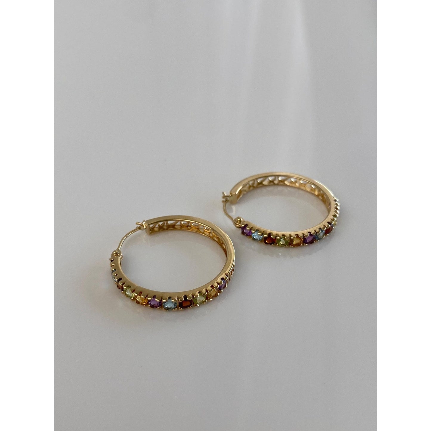 Vintage Solid 14k Yellow Gold Garnet Aquamarine Citrine Peridot Amethyst Hoop Earrings