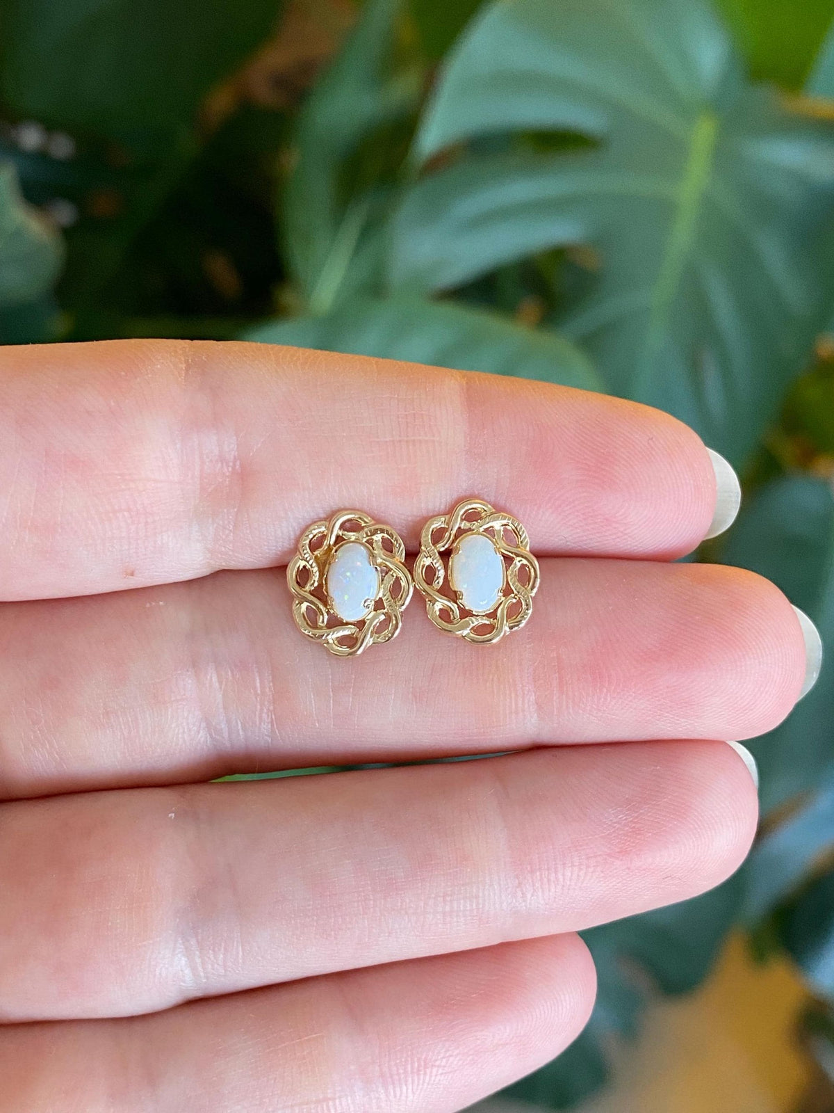 Vintage Solid 14k Yellow Gold Opal Stud Earrings