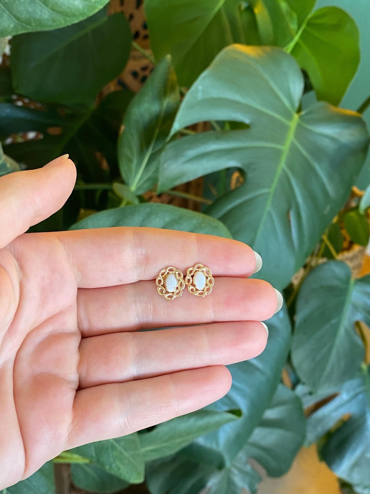 Vintage Solid 14k Yellow Gold Opal Stud Earrings