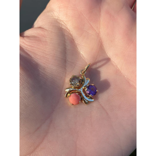 Vintage Solid 14k Yellow Gold Coral Amethyst Colored Spinel Charm