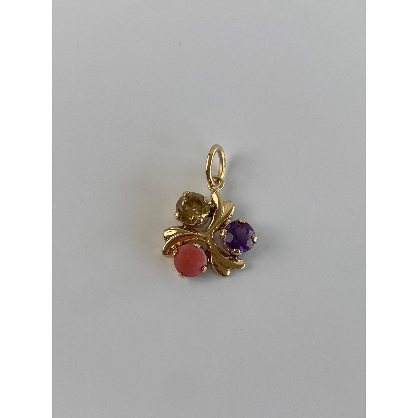 Vintage Solid 14k Yellow Gold Coral Amethyst Colored Spinel Charm